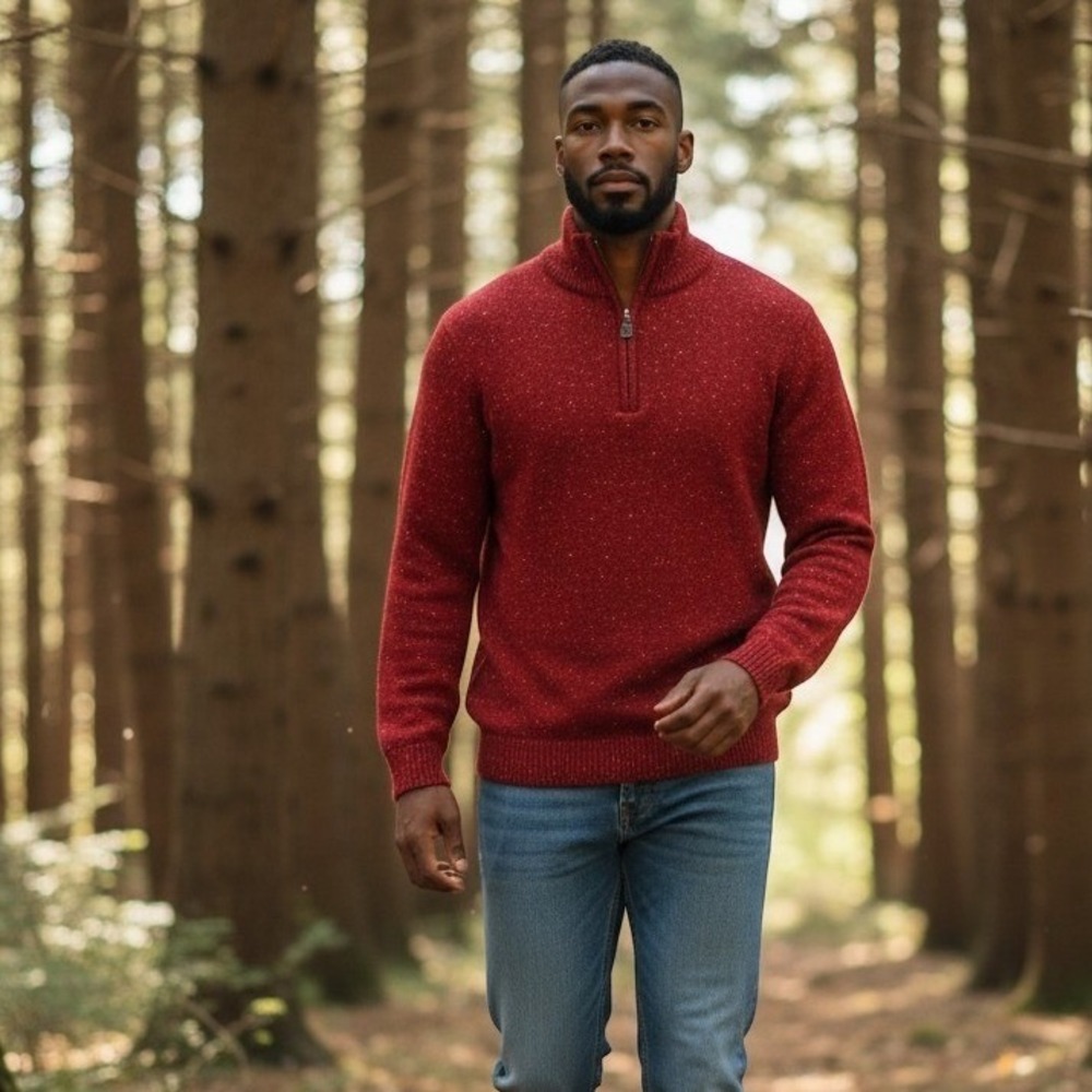 Jos A Bank Mens Red Donegal‎ Lambswool Blend Quarter Zip Sweater Large Pullover